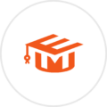 An orange stylized graduation cap with the letter "E" forms part of the design, set against a white circular background.