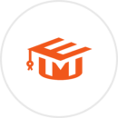 An orange stylized graduation cap with the letter "E" forms part of the design, set against a white circular background.