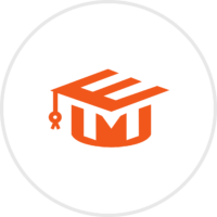 An orange stylized graduation cap with the letter "E" forms part of the design, set against a white circular background.