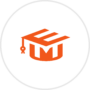 An orange stylized graduation cap with the letter "E" forms part of the design, set against a white circular background.