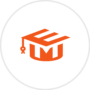A sleek orange graduation cap icon creatively integrates the letter "M" as the top, all set against a clean white circular background.